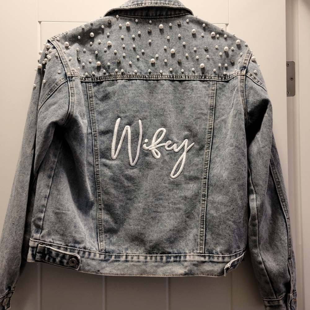 Embroidered pearl/crystal stud Wifey denim jacket